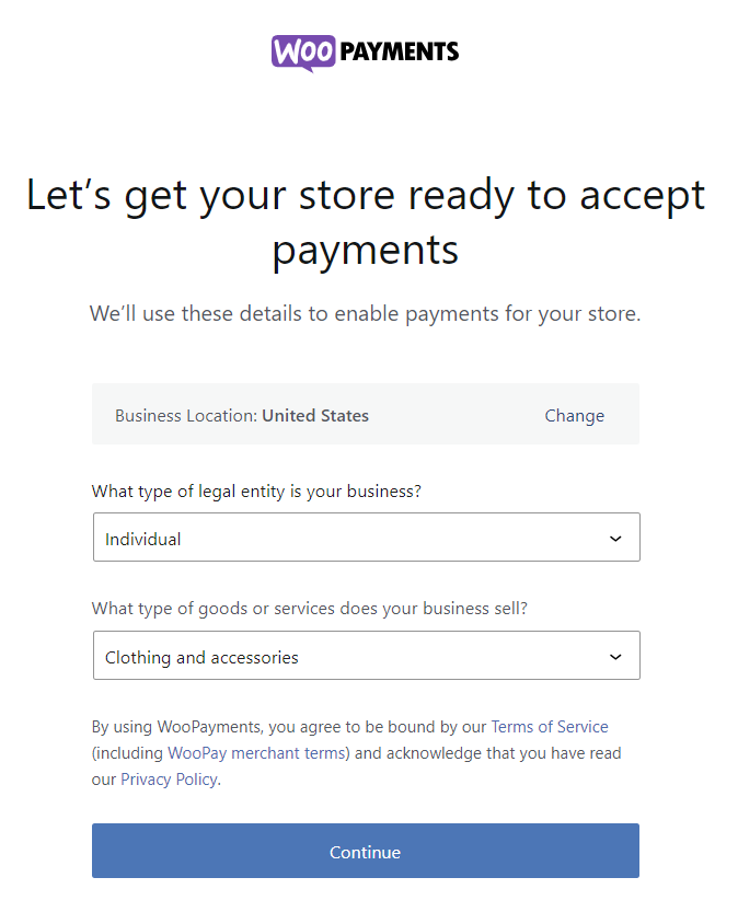 Kreator konfiguracji WooPayments wyświetlający formularz do wprowadzenia danych firmy