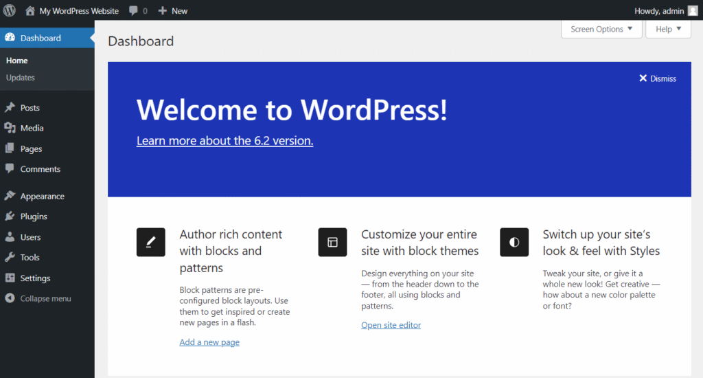 Panel administracyjny WordPress, w którym użytkownicy mogą zarządzać różnymi aspektami swojej witryny internetowej