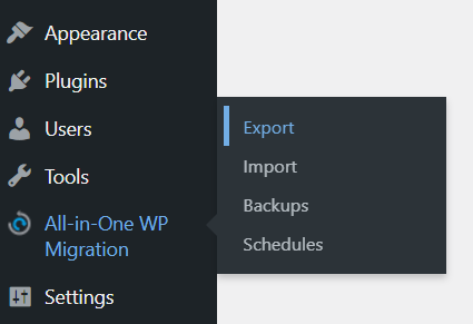 Dostęp do menu Eksportuj w narzędziu All-in-One WP Migration na pulpicie nawigacyjnym WordPress