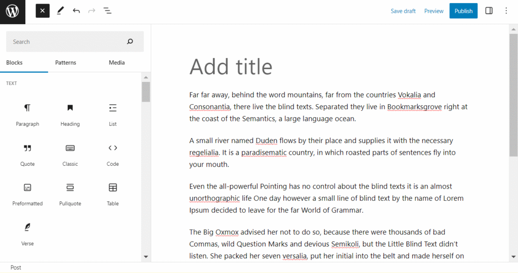 Edytor WordPress Gutenberg, w którym użytkownicy mogą edytować swoje strony i publikować treści