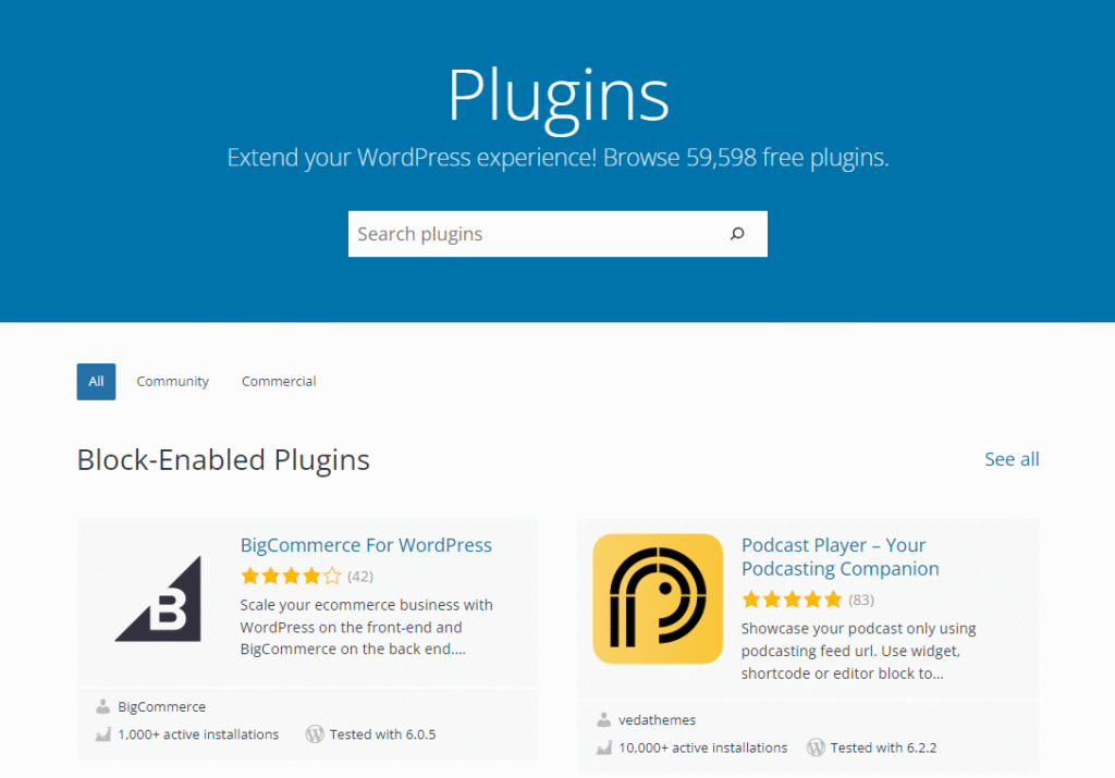 Oficjalny katalog wtyczek WordPress, zawierający ponad 59 000 bezpłatnych wtyczek