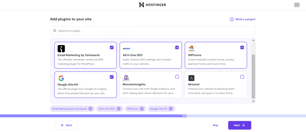 Strona wyboru wtyczek w procesie wdrażania hostingu Hostinger Managed WordPress