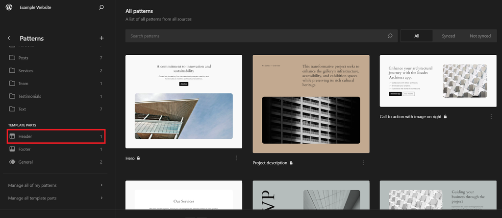 Szablon nagłówka w edytorze strony WordPress
