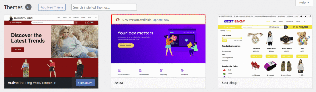 Sekcja motywów WordPress, z podświetlonym przyciskiem aktualizacji motywu