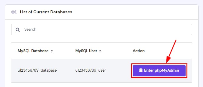 The Enter phpMyAdmin button on the List of Current Databases