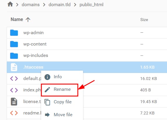 Renaming the .htaccess file
