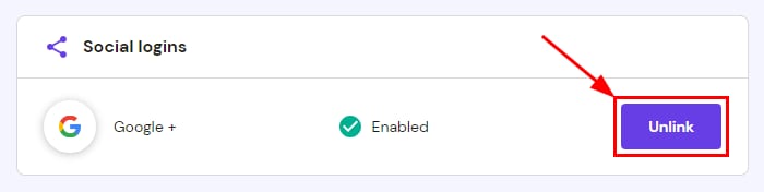 The Social logins option showing how to Unlink the account