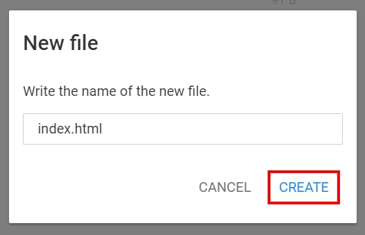 The New file window of Hostinger hPanel's File Manager