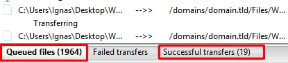 The progress bar in Filezilla showing queued files and successful transfers