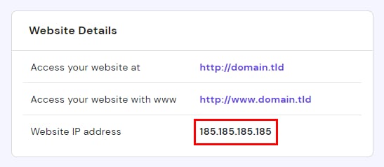 The Website details section showing the website IP address