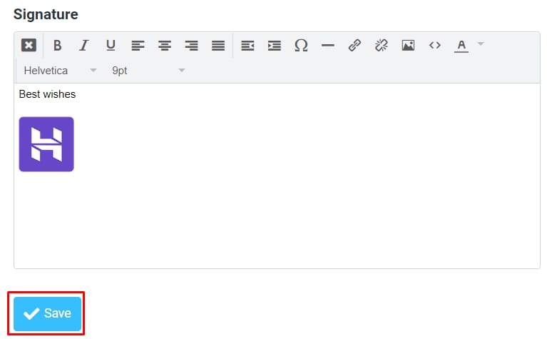 The email signature area including the rich text options and the Save button