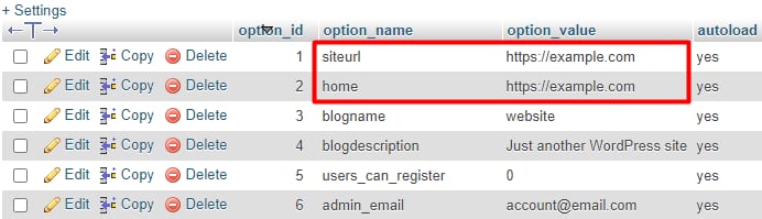 The siteurl and home values for a WordPress website on the database