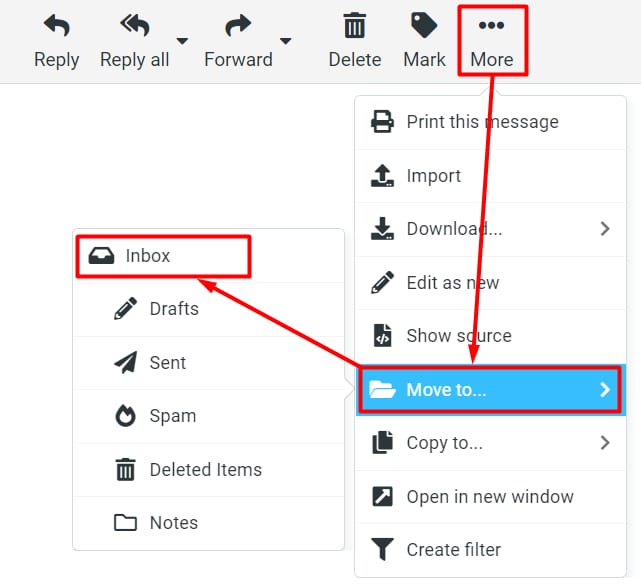 The Webmail interface showing how to move a message to the Inbox folder