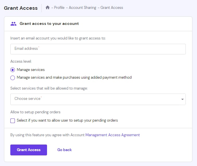 Granting access to your Hostinger account