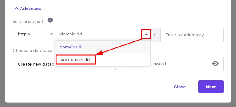 The Advanced installation options showing how to install WordPress on a subdomain