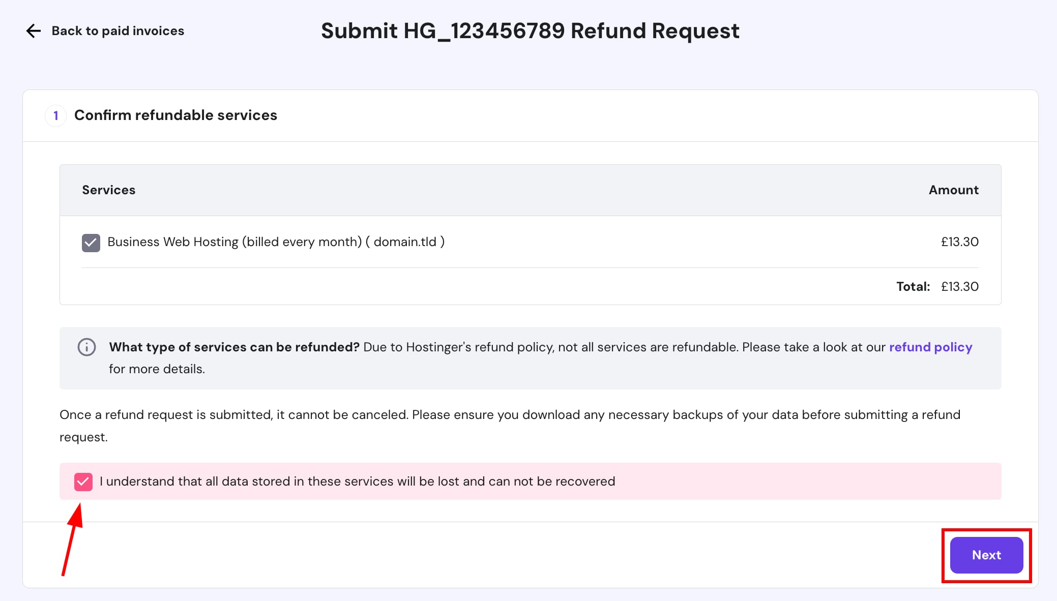 Submitting a refund request at Hostinger