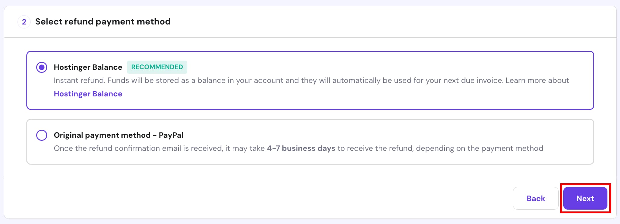 Submitting a refund request at Hostinger