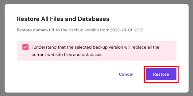 The restore all files and databases window with overwrite warning