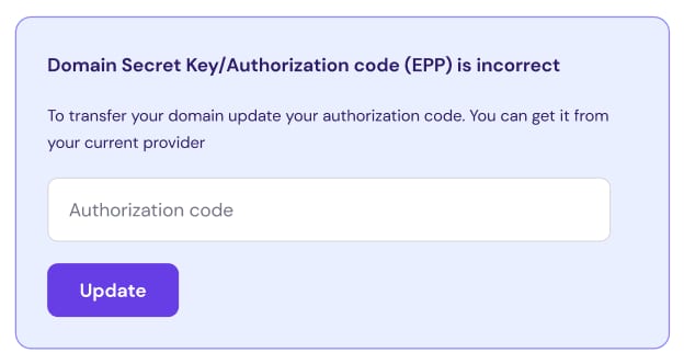 The info box indicating the EPP code is incorrect and the option to update it on hPanel atHostinger.