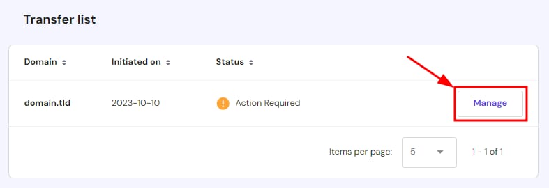 The option to manage domain transfer.