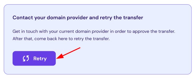 The info box with a sample message and action, with the button to retry on hPanel at Hostinger.