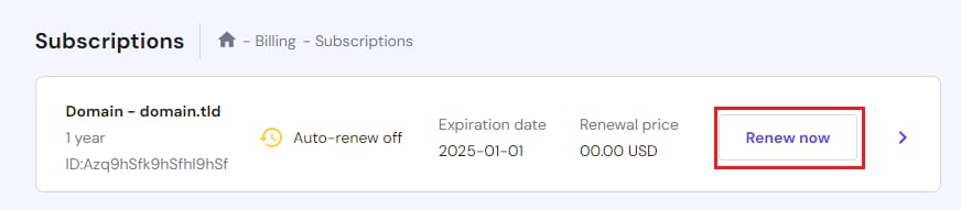 The Billing Subscriptions section showing how to renew an active domain