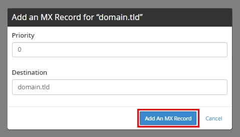 The popup window to enter priority and destination values for a new MX record