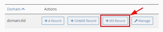 The Domain list on Zone Editor showing how to add an MX record