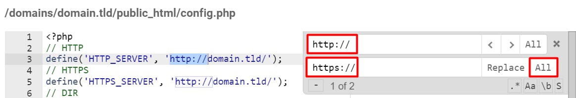 The replace tool in the File Editor at Hostinger showing how to replace all