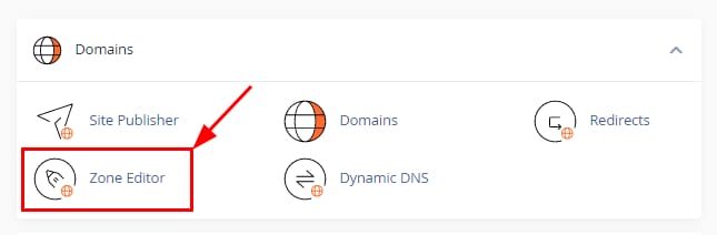 The cPanel Domains section sowing how to access the Zone Editor