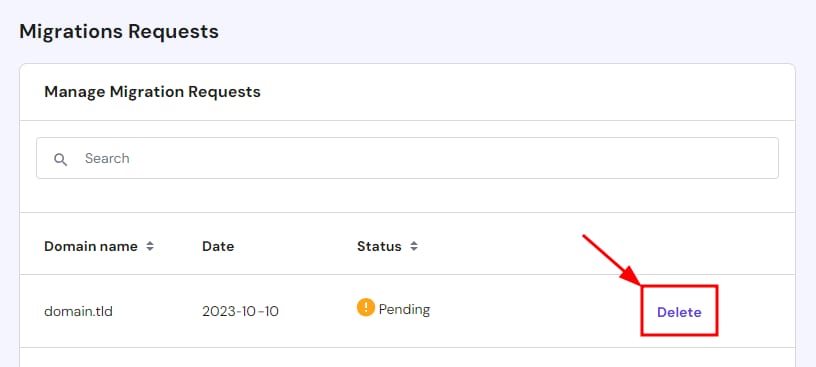 The Migrations Requests page showing how to delete a request