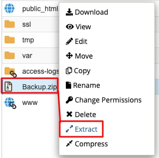 The File Manager context menu to extract an archive