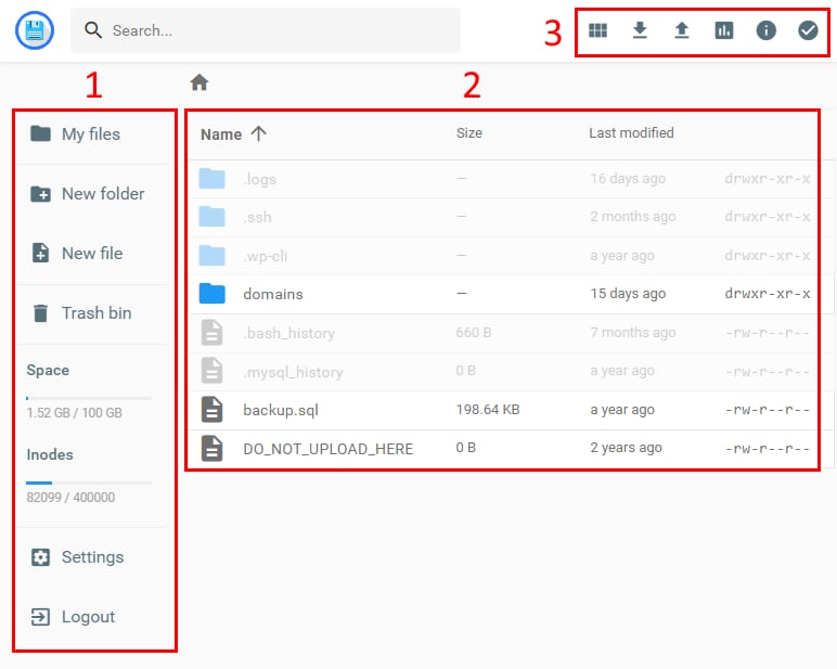 The File Manager main page showing its main sections