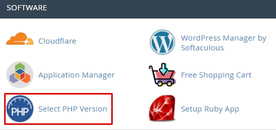The Select PHP Version option on the Software section on cPanel