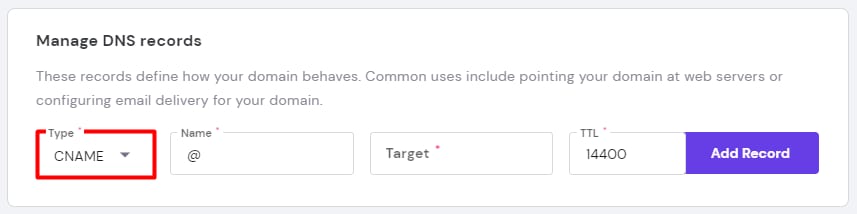 The Manage DNS records section showing how to add a CNAME record