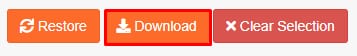 The available options for backups: restore, download, clear selection