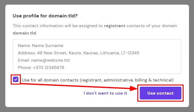 The confirmation window showing how to use the same profile for all domain contacts (registrant, administrative, billing & technical)