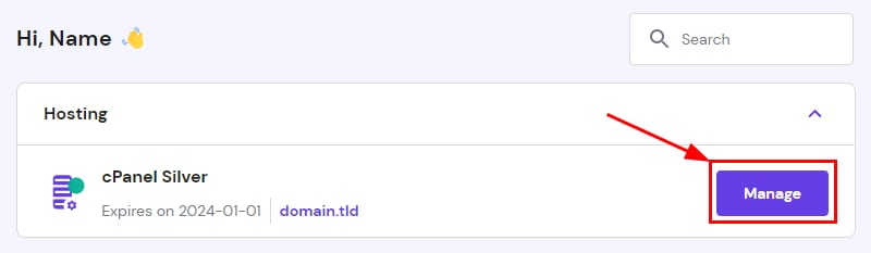 The cPanel Manage button on Hostinger Members Area homepage