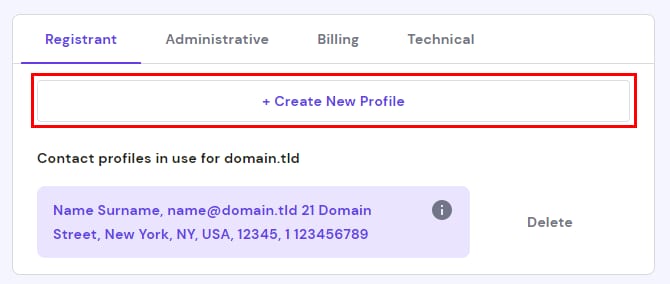 The Create New Profile option for updating the domain contact details
