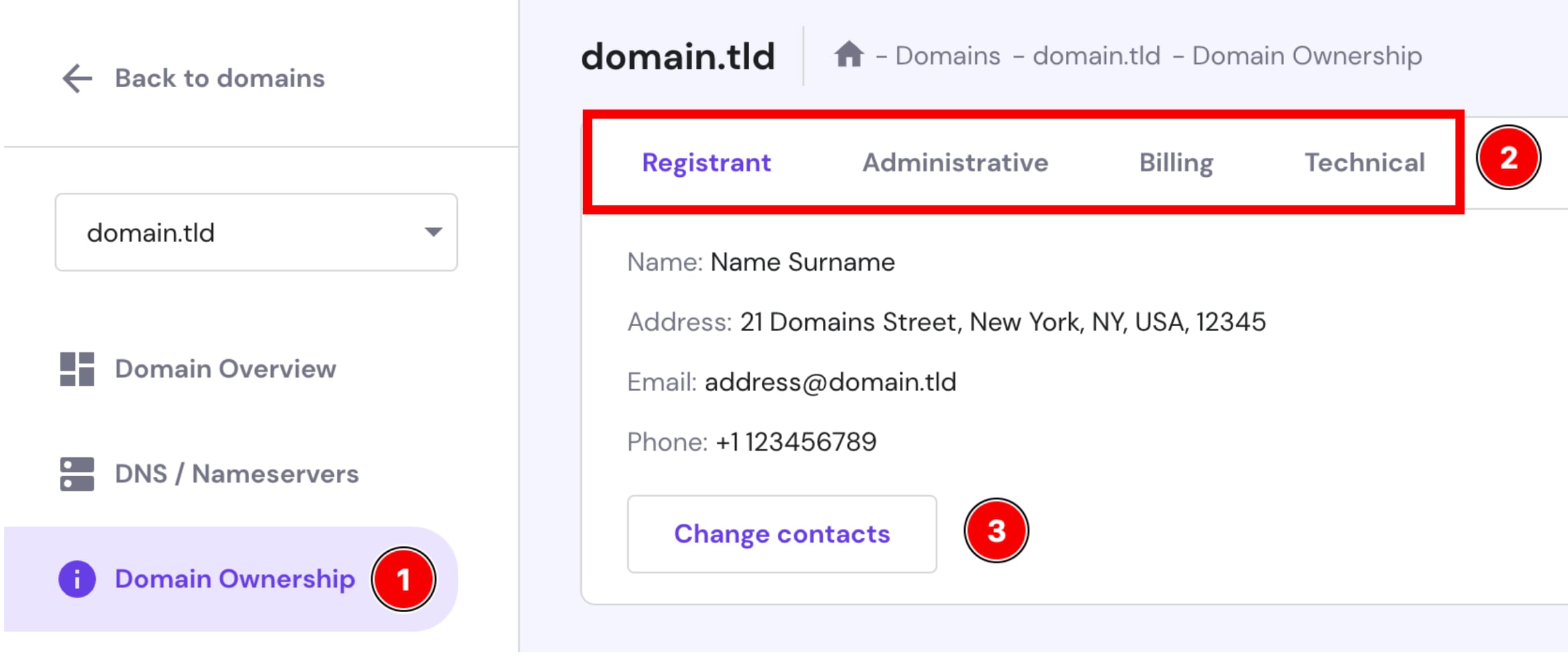 The Domain Ownership section showing how to update the domain's contact details