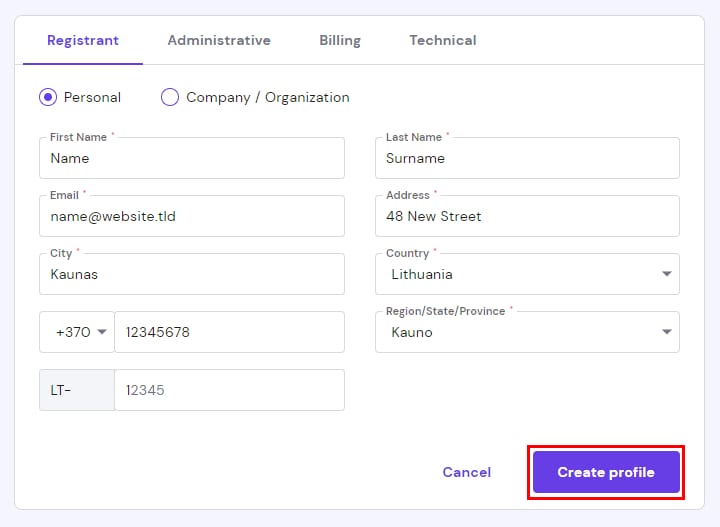 The contact details form to create a new profile