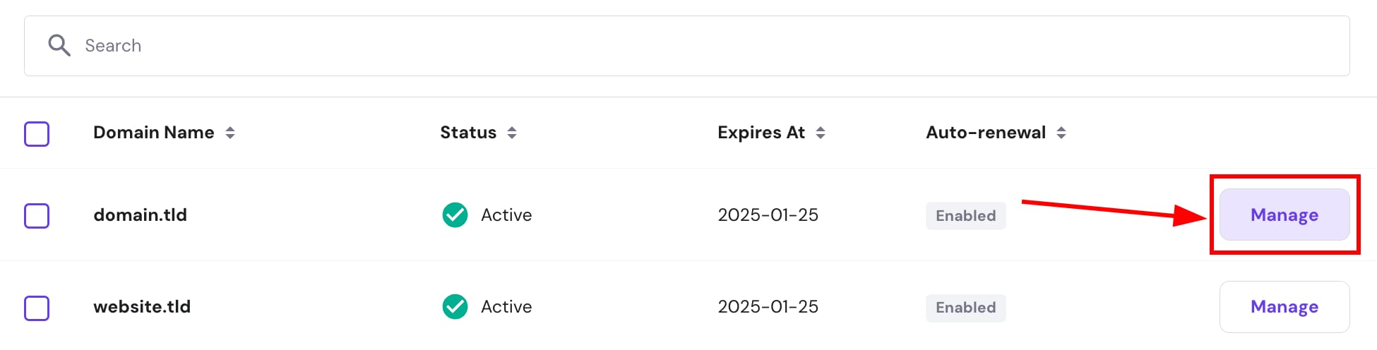 The Manage button in the Domains section