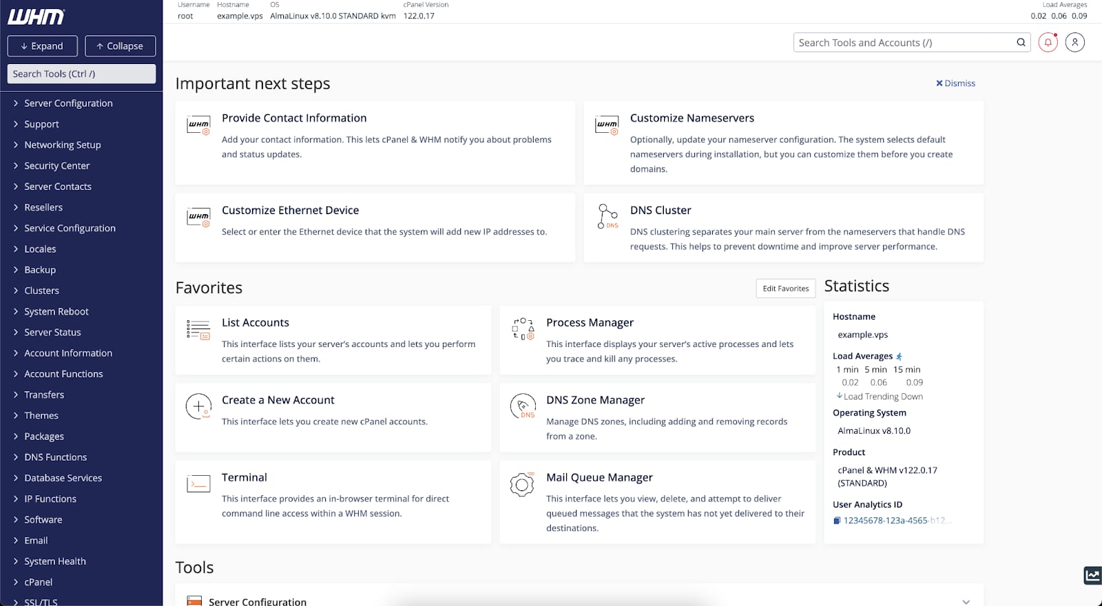 WHM dashboard