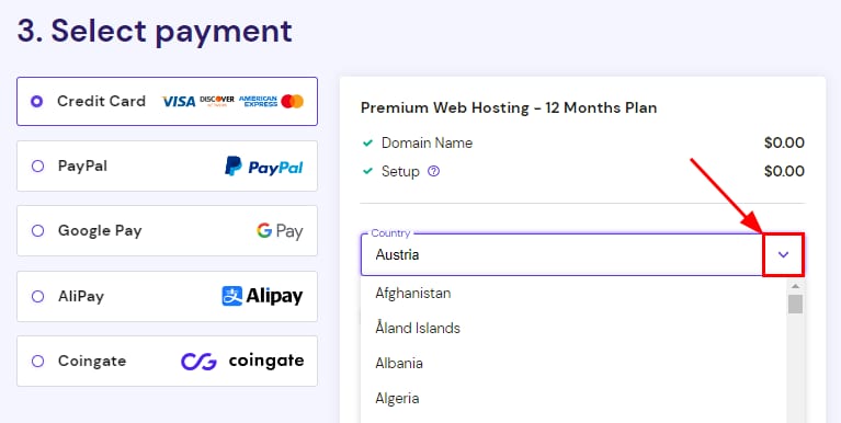 The Hostinger cart showing how to select the country from which you are purchasing