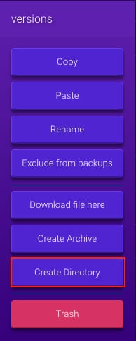 The Create directory option on the Game Panel file manager