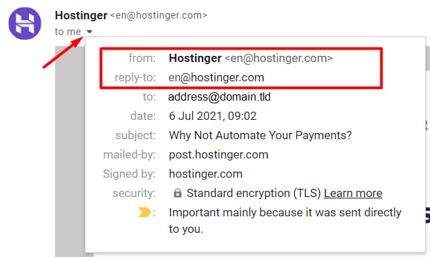 The details of a sent message on Gmail