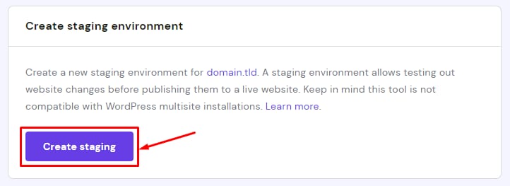 The create a staging environment section showing the button to create staging