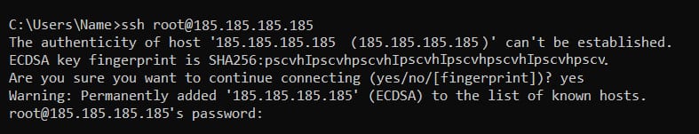 The terminal screen showing how to enter the password to connect to VPS via SSH