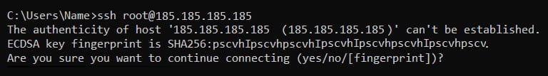The terminal screen showing how to enter the command to connect to VPS via SSH