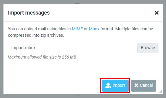 The Import messages window showing the option to select the file to import and click on the Import button